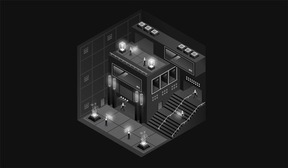 Wall Mural - dark laboratory interior. Data visualization. futuristic industrial building. Dark isometric illustration.