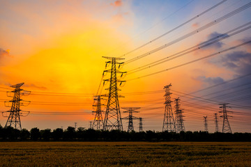 Canvas Print - Industrial high voltage electricity tower and beautiful nature landscape at summer sunset