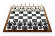 Chessboard with black and white chess pieces isolated on white background. 3D illustration