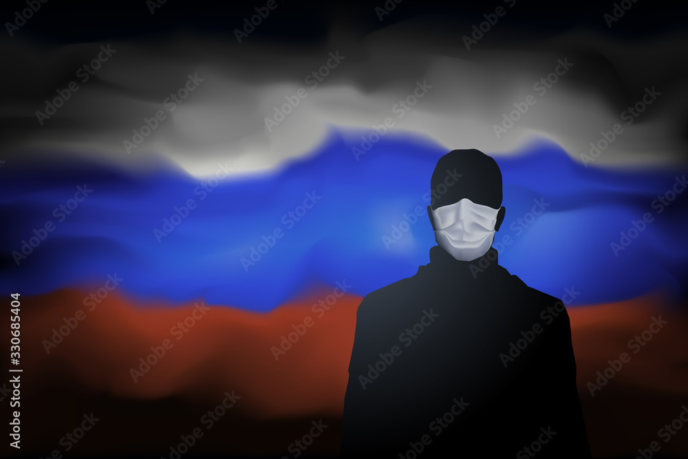 COVID-19 coronavirus epidemic in russia. Silhouette of man in medical mask on abstract russian flag background. Global COVID-19 coronavirus pandemic, pneumonia. Banner design concept. Vector - obrazy, fototapety, plakaty 