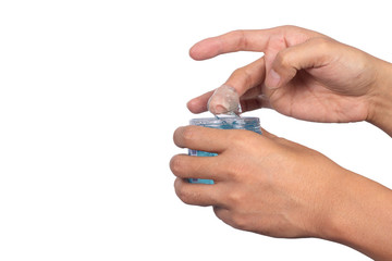 People hand holding Jar of hair gel isolated on white background