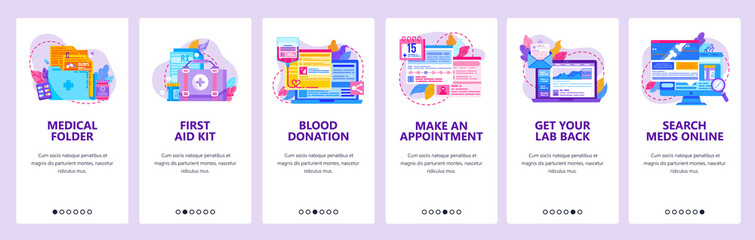 Medical records and patient history. Make appointment with doctor. Blood donation and first aid kit. Mobile app screens. Vector banner template for website mobile development. Web site illustration