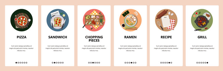 Wall Mural - Top view of world cuisine meals. Food menu in restaurant, pizza, sandwich, ramen, grill. Mobile app screens. Menu vector banner template for website mobile development. Web site design illustration