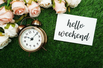 Wall Mural - hello weekend card and alarm clock