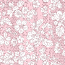 Seamless Pattern With Blooming Branches Of Quince And Apple Tree On Texture Background. Floral Vector Background.