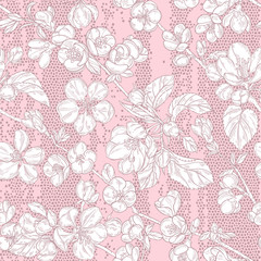  Seamless pattern with blooming branches of quince and apple tree on texture background. Floral vector background.