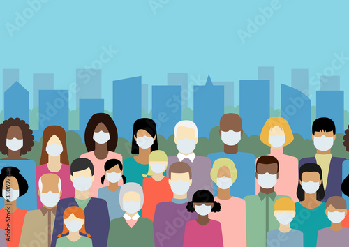 Fotomural People in white medical face mask in the city vector seamless border