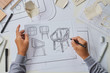 © Chaosamran_Studio - Designer sketching drawing design development product plan draft chair armchair Wingback Interior furniture prototype manufacturing production. designer studio concept .