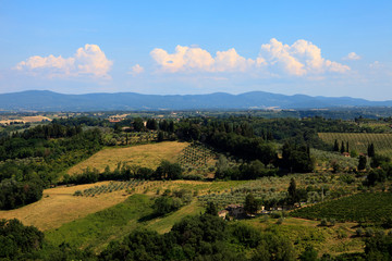 San Gimignano (SI), Italy - April 10, 2017: View of country landscape in San Gimignano, Tuscany, Italy