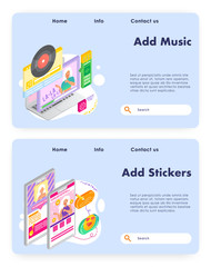 Wall Mural - music karaoke. vinyl disk. girl uses stockers and smiles in online video chat. vector web site desig