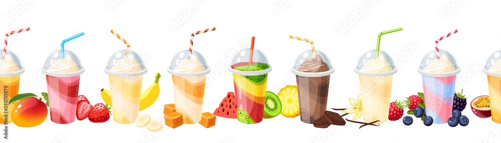 Seamless colorful fruit milkshake set design. Vector illustration cartoon flat icon collection isolated on white. - obrazy, fototapety, plakaty 