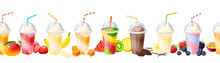 Seamless Colorful Fruit Milkshake Set Design. Vector Illustration Cartoon Flat Icon Collection Isolated On White.