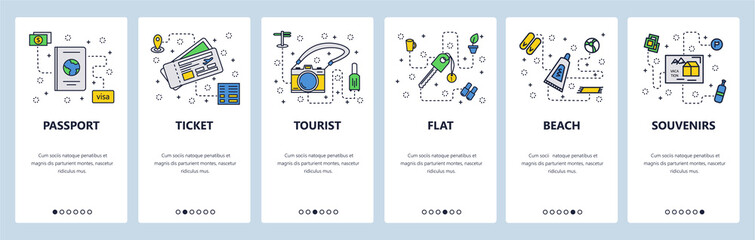 Travel outline icons. Passport, air tickets, photo camera, sunblock cream. Mobile app onboarding screens. Menu vector banner template for website and mobile development. Web site design illustration