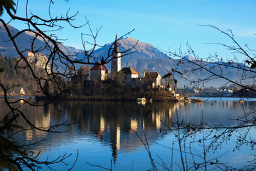 Poster - Bled / Slovenia - December 8, 2017: The Lake Bled and Santa Maria Church near Bled, Slovenia