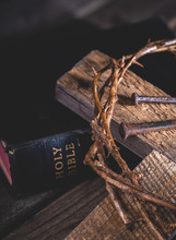 Cross And Crown Of Thorns With Holy Bible