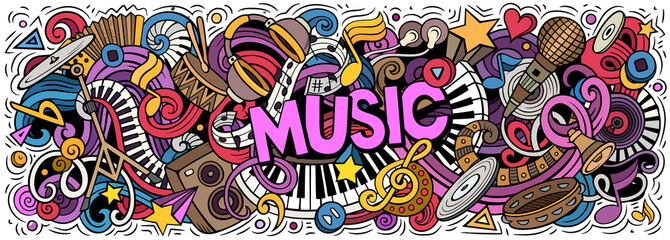 Music hand drawn cartoon doodles illustration. Colorful vector banner