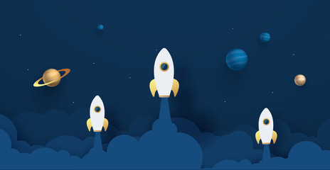 Wall Mural - Rocket Leadership Concept with Paper Art or Origami Design Vector illustration Night sky, shining stars, moon, planets, fluffy clouds.