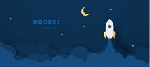 Start Up Business Concept. Rocket Flying On The Air,paper Art And Digital Craft Style. Vector Illustration