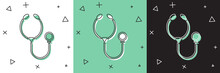 Set Stethoscope Medical Instrument Icon Isolated On White And Green, Black Background. Vector Illustration