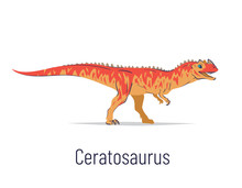 Ceratosaurus. Theropoda Dinosaur. Colorful Vector Illustration Of Prehistoric Creature Ceratosaurus In Hand Drawn Flat Style Isolated On White Background. Predatory Fossil Dinosaur.