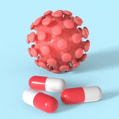 Wall Mural - Pills for coronavirus. Covid-19 therapy. Pharmacy for virus. Ncov research. 3d render