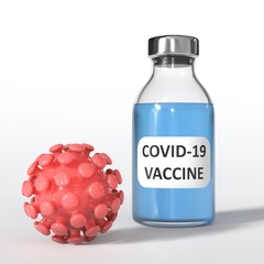 Wall Mural - Coronavirus therapy. Covid-19 vaccine research. Blue vial with red virus.