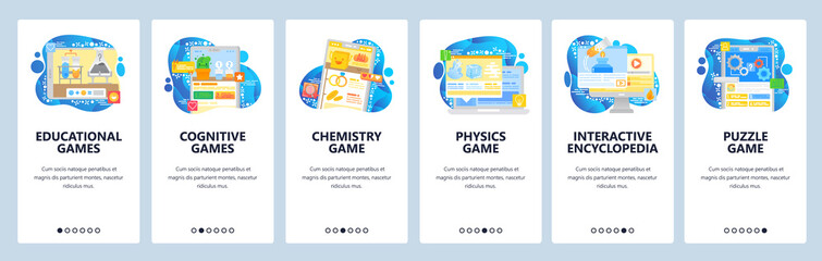 Science and smart mobile games. Chemistry experiment, physics test, puzzle game. App onboarding screens. Menu vector banner template for website and mobile development. Web site design illustration