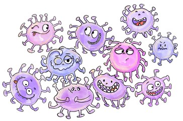 Hand drawn cartoon illustration of coronavirus infection covid-19 for kids. Doodle  fun characters of pathogen microorganism for school program. Isolated on a white background.