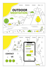 Wall Mural - nature landscape. outdoor travel and camping. hand holding phone. picnic in a park. vector web site 
