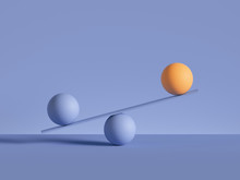 3d Render, Balls Placed On Scales, Isolated On Violet Background. Primitive Geometric Shapes. Balance, Comparison Metaphor. Modern Minimal Design