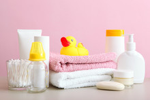 Baby Care Products On The Table. Daily Baby Care Products For Skin Care, For Bathing.