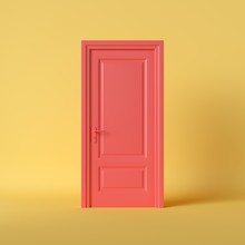 3d Render, Closed Red Classic Door Isolated On Bright Yellow Background. Minimal Room Interior Concept. Modern Design, Abstract Metaphor