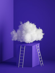 Wall Mural - 3d render, white cloud levitating above the cube pedestal, square podium, ladder, minimal room interior. Floating cumulus. Objects isolated on violet blue background, modern design, abstract metaphor.