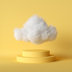 Wall Mural - 3d render, white fluffy cloud flying above the cylinder pedestal, stairs, steps, round podium, minimal room interior. Isolated objects, bright yellow background, modern design, abstract metaphor
