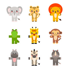 Wall Mural - Set of african animals. Illustration of cute little animals (a giraffe, a lion, a cheetah, a hippo, a rhino, an elephant, a crocodile, a zebra and a monkey) isolated on a white background. Vector 8 EP