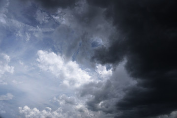 Wall Mural - terrible thunderclouds from the side of a plane. gloomy epic clouds. background image in a dark gray
