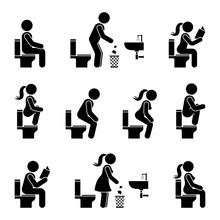 Toilet Icon Stick Figure Man And Woman Symbol Silhouette Pictogram Vector Illustration Set. Sitting, Peeing, Reading, Throwing Paper To Trash Bin Signs On White Background