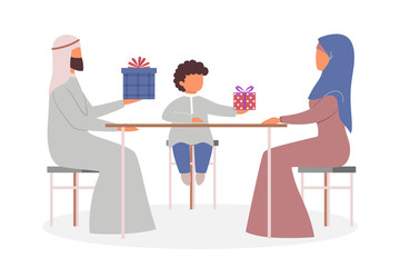 Poster - Happy arab family spend time together at home and giving gift