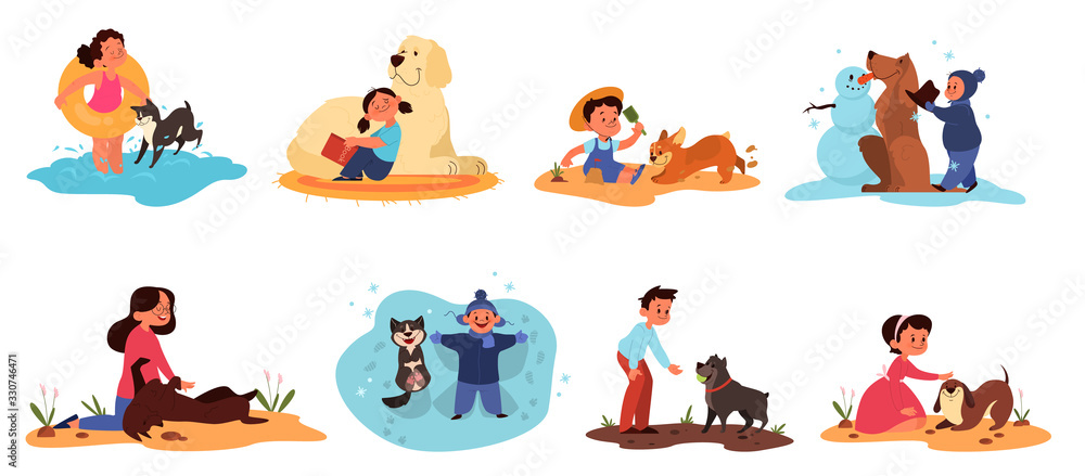 Children play with their dogs set. Collection of happy kid and pet - obrazy, fototapety, plakaty 