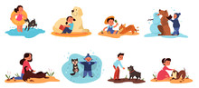 Children Play With Their Dogs Set. Collection Of Happy Kid And Pet
