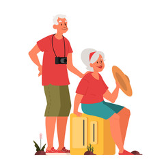 Wall Mural - Vector illustration of elderly tourist with laggage and handbag.