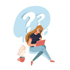 Woman is looking for an answer in the Internet. Business vector illustration with working person. Modern flat light style