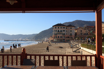 Wall Mural - Alassio (SV), Italy - February 15, 2017: A typical bar near the beach in Alassio, Riviera dei Fiori, Savona, Liguria, Italy.