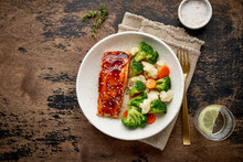 Steam Salmon And Vegetables, Paleo, Keto, Fodmap, Dash Diet. Mediterranean Food With Steamed Fish.