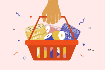 Human hand holding shopping basket full of toilet paper. Panic in supermarket due to coronavirus, quarantine. Vector illustration of man or woman makes purchase. People hurry up to buy paper in store