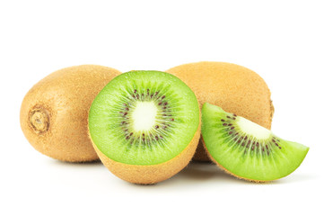 Wall Mural - Ripe kiwi fruit cut half and slice isolated on white background