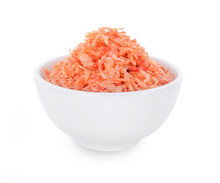Dried Small Shrimp In White Bowl Isolated On White Background.