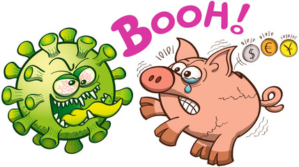 Wall Mural - Evil green virus scares a piggy bank. The piggy bank is scared and begins to break, but keep resisting. Dollar, euro and yen coins escape from the piggy bank. A text saying Booh is above them