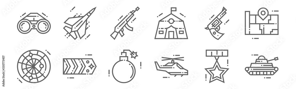 set of 12 military icons. outline thin line icons such as tank ...