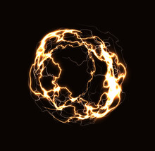 Realistic Lightning Ring, Energy Ball, Magic Sphere, Golden Plasma On Dark Background. Isolated Vector Illustration